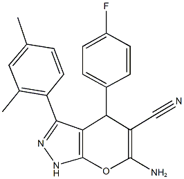 6-amino-3-(2,4-dimethylphenyl)-4-(4-fluorophenyl)-1,4-dihydropyrano[2,3-c]pyrazole-5-carbonitrile Struktur