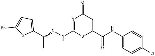 2-{[1-(5-bromo-2-thienyl)ethylidene]hydrazono}-N-(4-chlorophenyl)-4-oxo-1,3-thiazinane-6-carboxamide Struktur