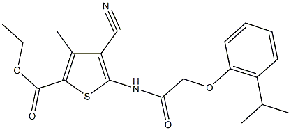 ethyl 4-cyano-5-{[(2-isopropylphenoxy)acetyl]amino}-3-methyl-2-thiophenecarboxylate Struktur