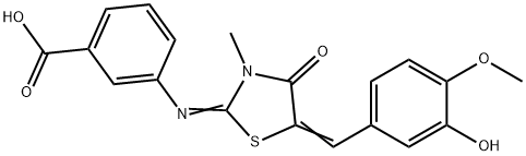 3-{[5-(3-hydroxy-4-methoxybenzylidene)-3-methyl-4-oxo-1,3-thiazolidin-2-ylidene]amino}benzoic acid Struktur