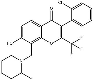 3-(2-chlorophenyl)-7-hydroxy-8-[(2-methyl-1-piperidinyl)methyl]-2-(trifluoromethyl)-4H-chromen-4-one Struktur