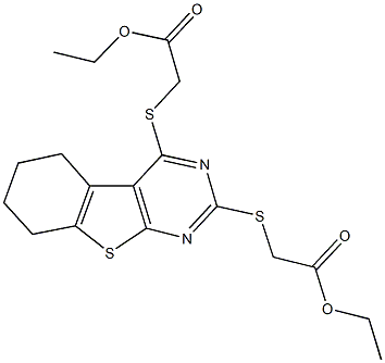 ethyl ({2-[(2-ethoxy-2-oxoethyl)sulfanyl]-5,6,7,8-tetrahydro[1]benzothieno[2,3-d]pyrimidin-4-yl}sulfanyl)acetate Struktur