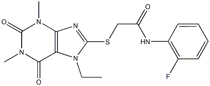 2-[(7-ethyl-1,3-dimethyl-2,6-dioxo-2,3,6,7-tetrahydro-1H-purin-8-yl)sulfanyl]-N-(2-fluorophenyl)acetamide Struktur