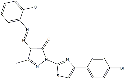 2-[4-(4-bromophenyl)-1,3-thiazol-2-yl]-4-[(2-hydroxyphenyl)diazenyl]-5-methyl-2,4-dihydro-3H-pyrazol-3-one Struktur