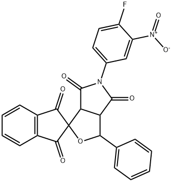 5-(4-fluoro-3-nitrophenyl)-1',3',4,6(2'H,3H,5H)-tetraoxo-1-phenyldihydrospiro(1H-furo[3,4-c]pyrrole-3,2'-[1'H]-indene) Struktur