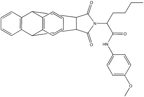 2-(16,18-dioxo-17-azapentacyclo[6.6.5.0~2,7~.0~9,14~.0~15,19~]nonadeca-2,4,6,9,11,13-hexaen-17-yl)-N-(4-methoxyphenyl)hexanamide Struktur