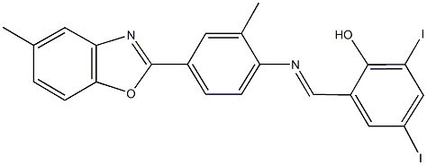 2,4-diiodo-6-({[2-methyl-4-(5-methyl-1,3-benzoxazol-2-yl)phenyl]imino}methyl)phenol Struktur