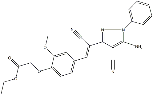 ethyl {4-[2-(5-amino-4-cyano-1-phenyl-1H-pyrazol-3-yl)-2-cyanovinyl]-2-methoxyphenoxy}acetate Struktur