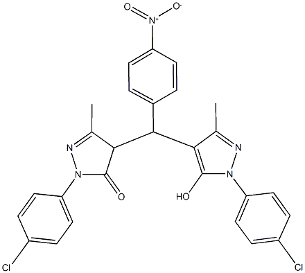 2-(4-chlorophenyl)-4-([1-(4-chlorophenyl)-5-hydroxy-3-methyl-1H-pyrazol-4-yl]{4-nitrophenyl}methyl)-5-methyl-2,4-dihydro-3H-pyrazol-3-one Struktur