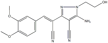 5-amino-3-[1-cyano-2-(3,4-dimethoxyphenyl)vinyl]-1-(2-hydroxyethyl)-1H-pyrazole-4-carbonitrile Struktur