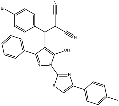 2-((4-bromophenyl){5-hydroxy-1-[4-(4-methylphenyl)-1,3-thiazol-2-yl]-3-phenyl-1H-pyrazol-4-yl}methyl)malononitrile Struktur