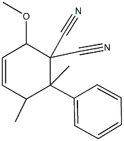 2-methoxy-5,6-dimethyl-6-phenyl-3-cyclohexene-1,1-dicarbonitrile Struktur