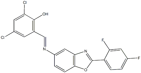 2,4-dichloro-6-({[2-(2,4-difluorophenyl)-1,3-benzoxazol-5-yl]imino}methyl)phenol Struktur