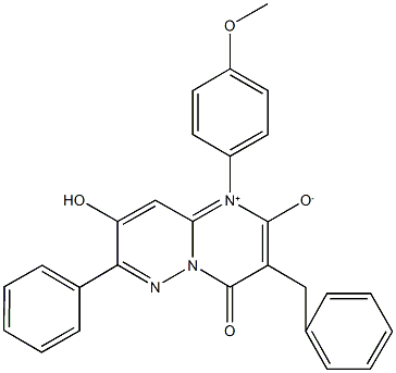 3-benzyl-8-hydroxy-1-(4-methoxyphenyl)-4-oxo-7-phenyl-4H-pyrimido[1,2-b]pyridazin-1-ium-2-olate Struktur