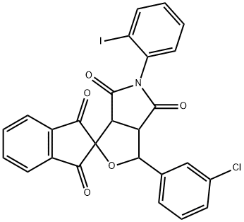 1-(3-chlorophenyl)-5-(2-iodophenyl)-3a,6a-dihydrosprio[1H-furo[3,4-c]pyrrole-3,2'-(1'H)-indene]-1',3',4,6(2'H,3H,5H)-tetrone Struktur