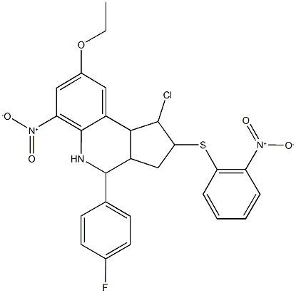 1-chloro-8-ethoxy-4-(4-fluorophenyl)-6-nitro-2-({2-nitrophenyl}sulfanyl)-2,3,3a,4,5,9b-hexahydro-1H-cyclopenta[c]quinoline Struktur