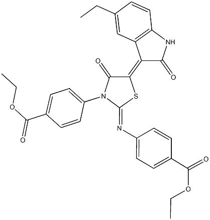 ethyl 4-[2-{[4-(ethoxycarbonyl)phenyl]imino}-5-(5-ethyl-2-oxo-1,2-dihydro-3H-indol-3-ylidene)-4-oxo-1,3-thiazolidin-3-yl]benzoate Struktur