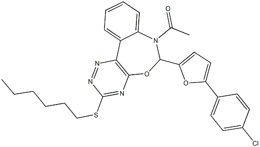 7-acetyl-6-[5-(4-chlorophenyl)-2-furyl]-3-(hexylsulfanyl)-6,7-dihydro[1,2,4]triazino[5,6-d][3,1]benzoxazepine Struktur