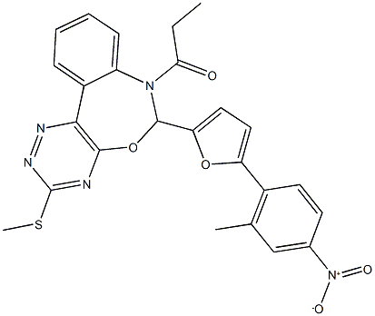 6-(5-{4-nitro-2-methylphenyl}-2-furyl)-3-(methylsulfanyl)-7-propionyl-6,7-dihydro[1,2,4]triazino[5,6-d][3,1]benzoxazepine Struktur