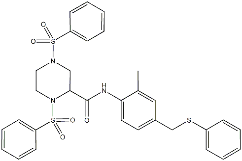 N-{2-methyl-4-[(phenylsulfanyl)methyl]phenyl}-1,4-bis(phenylsulfonyl)-2-piperazinecarboxamide Struktur