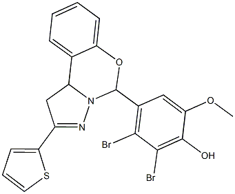 2,3-dibromo-6-methoxy-4-[2-(2-thienyl)-1,10b-dihydropyrazolo[1,5-c][1,3]benzoxazin-5-yl]phenol Struktur