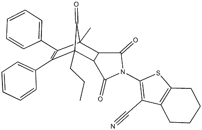 2-(1-methyl-3,5,10-trioxo-8,9-diphenyl-7-propyl-4-azatricyclo[5.2.1.0~2,6~]dec-8-en-4-yl)-4,5,6,7-tetrahydro-1-benzothiophene-3-carbonitrile Struktur