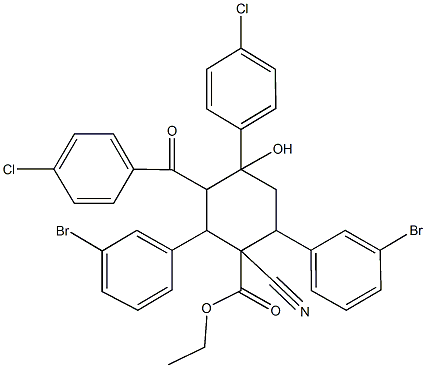 ethyl 2,6-bis(3-bromophenyl)-3-(4-chlorobenzoyl)-4-(4-chlorophenyl)-1-cyano-4-hydroxycyclohexanecarboxylate Struktur