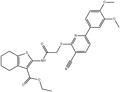 ethyl 2-[({[3-cyano-6-(3,4-dimethoxyphenyl)pyridin-2-yl]sulfanyl}acetyl)amino]-4,5,6,7-tetrahydro-1-benzothiophene-3-carboxylate Struktur