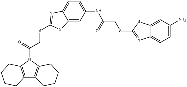 2-[(6-amino-1,3-benzothiazol-2-yl)sulfanyl]-N-(2-{[2-(1,2,3,4,5,6,7,8-octahydro-9H-carbazol-9-yl)-2-oxoethyl]sulfanyl}-1,3-benzothiazol-6-yl)acetamide Struktur