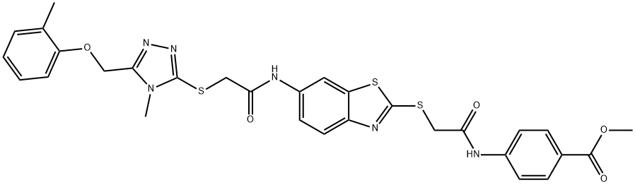 methyl 4-({[(6-{[({4-methyl-5-[(2-methylphenoxy)methyl]-4H-1,2,4-triazol-3-yl}sulfanyl)acetyl]amino}-1,3-benzothiazol-2-yl)sulfanyl]acetyl}amino)benzoate Struktur