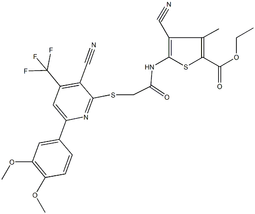 ethyl 4-cyano-5-[({[3-cyano-6-(3,4-dimethoxyphenyl)-4-(trifluoromethyl)pyridin-2-yl]sulfanyl}acetyl)amino]-3-methylthiophene-2-carboxylate Struktur