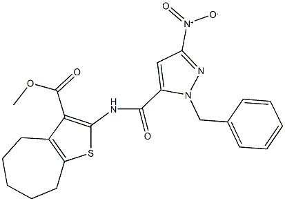 methyl 2-[({1-benzyl-3-nitro-1H-pyrazol-5-yl}carbonyl)amino]-5,6,7,8-tetrahydro-4H-cyclohepta[b]thiophene-3-carboxylate Struktur