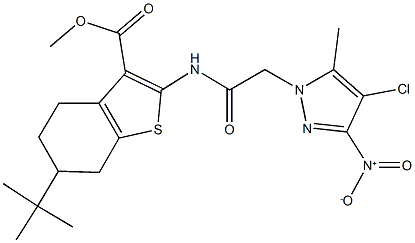 methyl 6-tert-butyl-2-[({4-chloro-3-nitro-5-methyl-1H-pyrazol-1-yl}acetyl)amino]-4,5,6,7-tetrahydro-1-benzothiophene-3-carboxylate Struktur