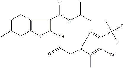 isopropyl 2-({[4-bromo-5-methyl-3-(trifluoromethyl)-1H-pyrazol-1-yl]acetyl}amino)-6-methyl-4,5,6,7-tetrahydro-1-benzothiophene-3-carboxylate Struktur