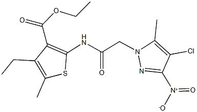 ethyl 2-[({4-chloro-3-nitro-5-methyl-1H-pyrazol-1-yl}acetyl)amino]-4-ethyl-5-methyl-3-thiophenecarboxylate Struktur