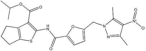 isopropyl 2-{[5-({4-nitro-3,5-dimethyl-1H-pyrazol-1-yl}methyl)-2-furoyl]amino}-5,6-dihydro-4H-cyclopenta[b]thiophene-3-carboxylate Struktur