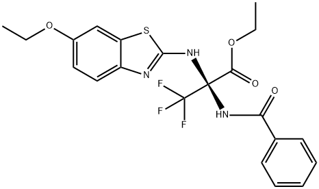 ethyl 2-(benzoylamino)-2-[(6-ethoxy-1,3-benzothiazol-2-yl)amino]-3,3,3-trifluoropropanoate Struktur