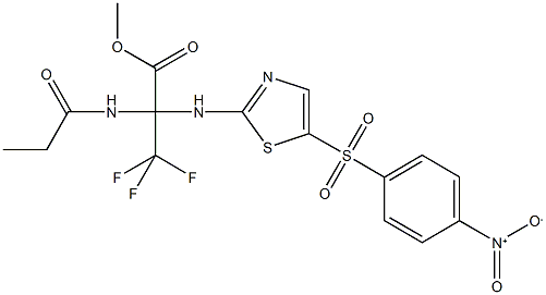 methyl 3,3,3-trifluoro-2-{[5-({4-nitrophenyl}sulfonyl)-1,3-thiazol-2-yl]amino}-2-(propionylamino)propanoate Struktur