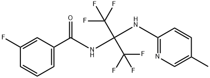 3-fluoro-N-[2,2,2-trifluoro-1-[(5-methyl-2-pyridinyl)amino]-1-(trifluoromethyl)ethyl]benzamide Struktur