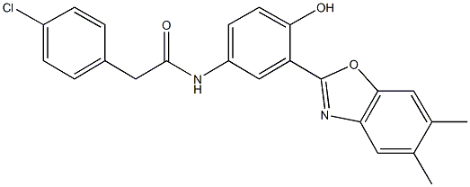 2-(4-chlorophenyl)-N-[3-(5,6-dimethyl-1,3-benzoxazol-2-yl)-4-hydroxyphenyl]acetamide Struktur