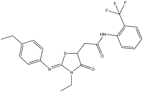 2-{3-ethyl-2-[(4-ethylphenyl)imino]-4-oxo-1,3-thiazolidin-5-yl}-N-[2-(trifluoromethyl)phenyl]acetamide Struktur