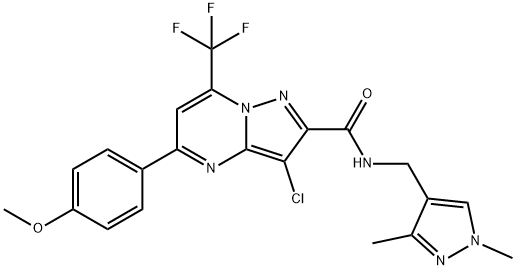 3-chloro-N-[(1,3-dimethyl-1H-pyrazol-4-yl)methyl]-5-(4-methoxyphenyl)-7-(trifluoromethyl)pyrazolo[1,5-a]pyrimidine-2-carboxamide Struktur