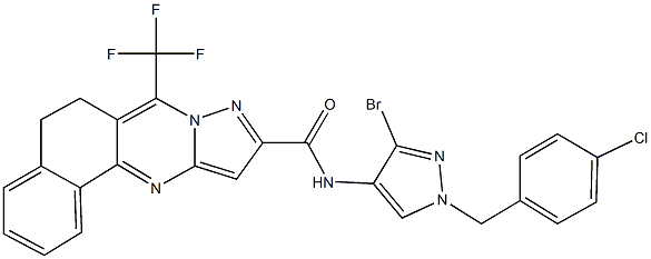 N-[3-bromo-1-(4-chlorobenzyl)-1H-pyrazol-4-yl]-7-(trifluoromethyl)-5,6-dihydrobenzo[h]pyrazolo[5,1-b]quinazoline-10-carboxamide Struktur