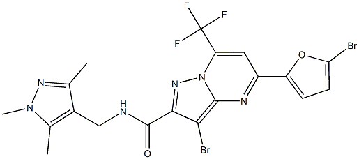 3-bromo-5-(5-bromo-2-furyl)-7-(trifluoromethyl)-N-[(1,3,5-trimethyl-1H-pyrazol-4-yl)methyl]pyrazolo[1,5-a]pyrimidine-2-carboxamide Struktur