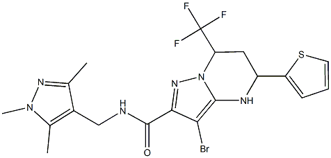 3-bromo-5-(2-thienyl)-7-(trifluoromethyl)-N-[(1,3,5-trimethyl-1H-pyrazol-4-yl)methyl]-4,5,6,7-tetrahydropyrazolo[1,5-a]pyrimidine-2-carboxamide Struktur