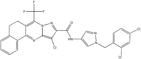 11-chloro-N-[1-(2,4-dichlorobenzyl)-1H-pyrazol-4-yl]-7-(trifluoromethyl)-5,6-dihydrobenzo[h]pyrazolo[5,1-b]quinazoline-10-carboxamide Struktur