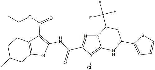 ethyl 2-({[3-chloro-5-(2-thienyl)-7-(trifluoromethyl)-4,5,6,7-tetrahydropyrazolo[1,5-a]pyrimidin-2-yl]carbonyl}amino)-6-methyl-4,5,6,7-tetrahydro-1-benzothiophene-3-carboxylate Struktur