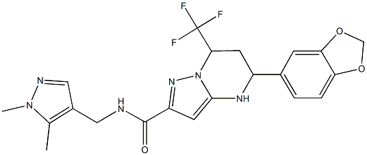 5-(1,3-benzodioxol-5-yl)-N-[(1,5-dimethyl-1H-pyrazol-4-yl)methyl]-7-(trifluoromethyl)-4,5,6,7-tetrahydropyrazolo[1,5-a]pyrimidine-2-carboxamide Struktur