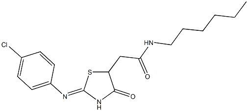 2-{2-[(4-chlorophenyl)imino]-4-oxo-1,3-thiazolidin-5-yl}-N-hexylacetamide Struktur