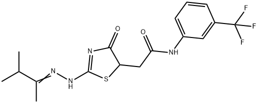 2-{2-[(1,2-dimethylpropylidene)hydrazono]-4-hydroxy-2,5-dihydro-1,3-thiazol-5-yl}-N-[3-(trifluoromethyl)phenyl]acetamide Struktur